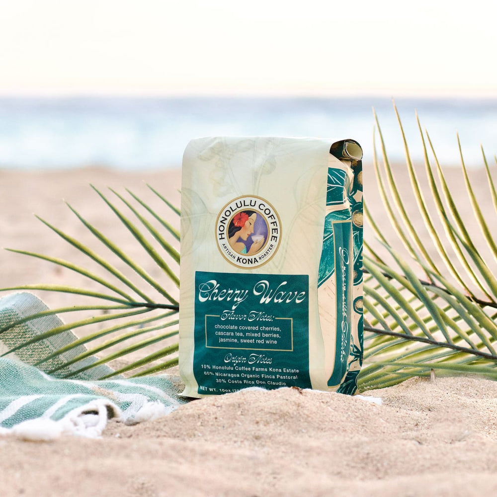 Bag of Cherry Wave coffee blend on the beach