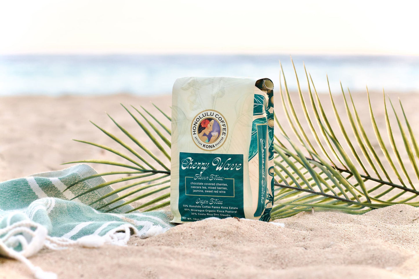 Bag of Cherry Wave coffee blend on the beach