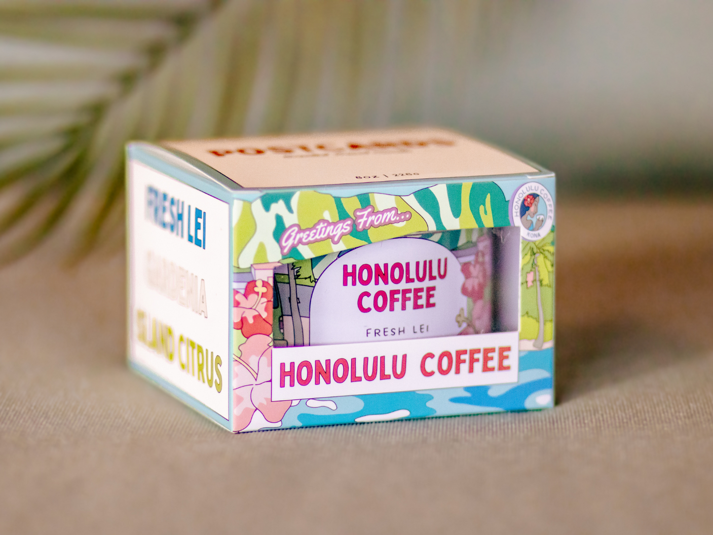 
                  
                    Packaging for custom Honolulu Coffee candle made by Postcards Candles.
                  
                