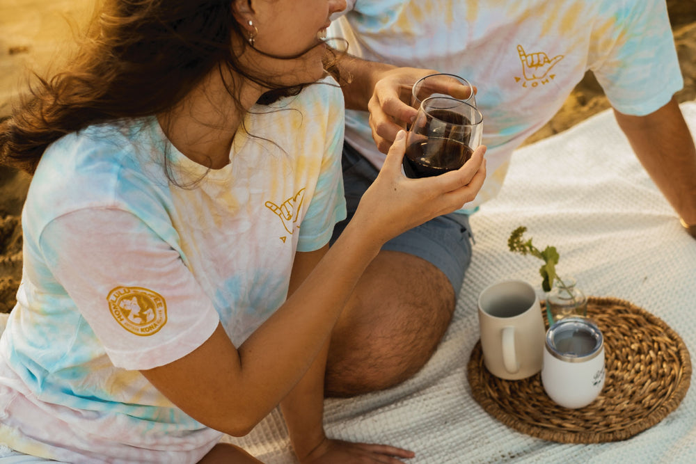 Drinking coffee in our new Tie Dye T-shirts