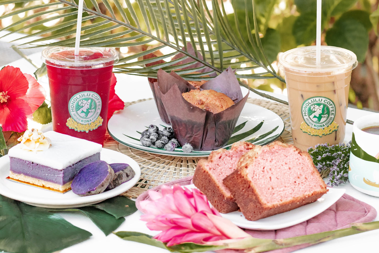 Honolulu Coffee's new springtime seasonal menu with the following items: Sweet Potato Haupia Bar, Hibiscus Spritzer, Blueberry Corn Muffin, Guava Bread, and Lavender Latte