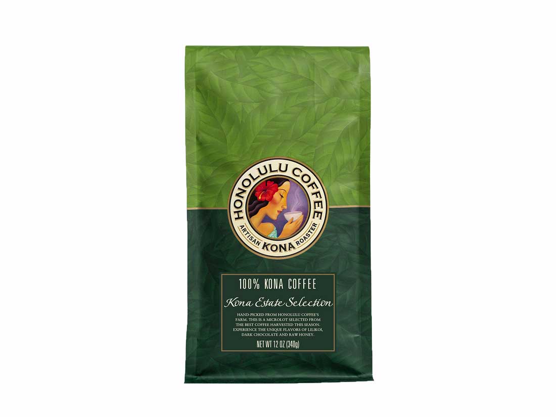 Green coffee bag with Honolulu Coffee branding on a white background