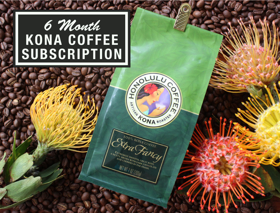 Honolulu Coffee Kona Coffee Subscription package on coffee beans with flowers