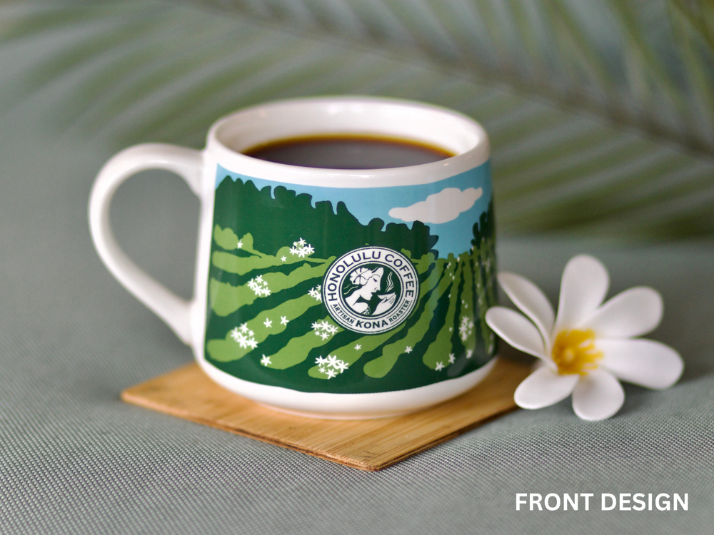 
                  
                    A mug with a flower on a wooden coaster.
                  
                