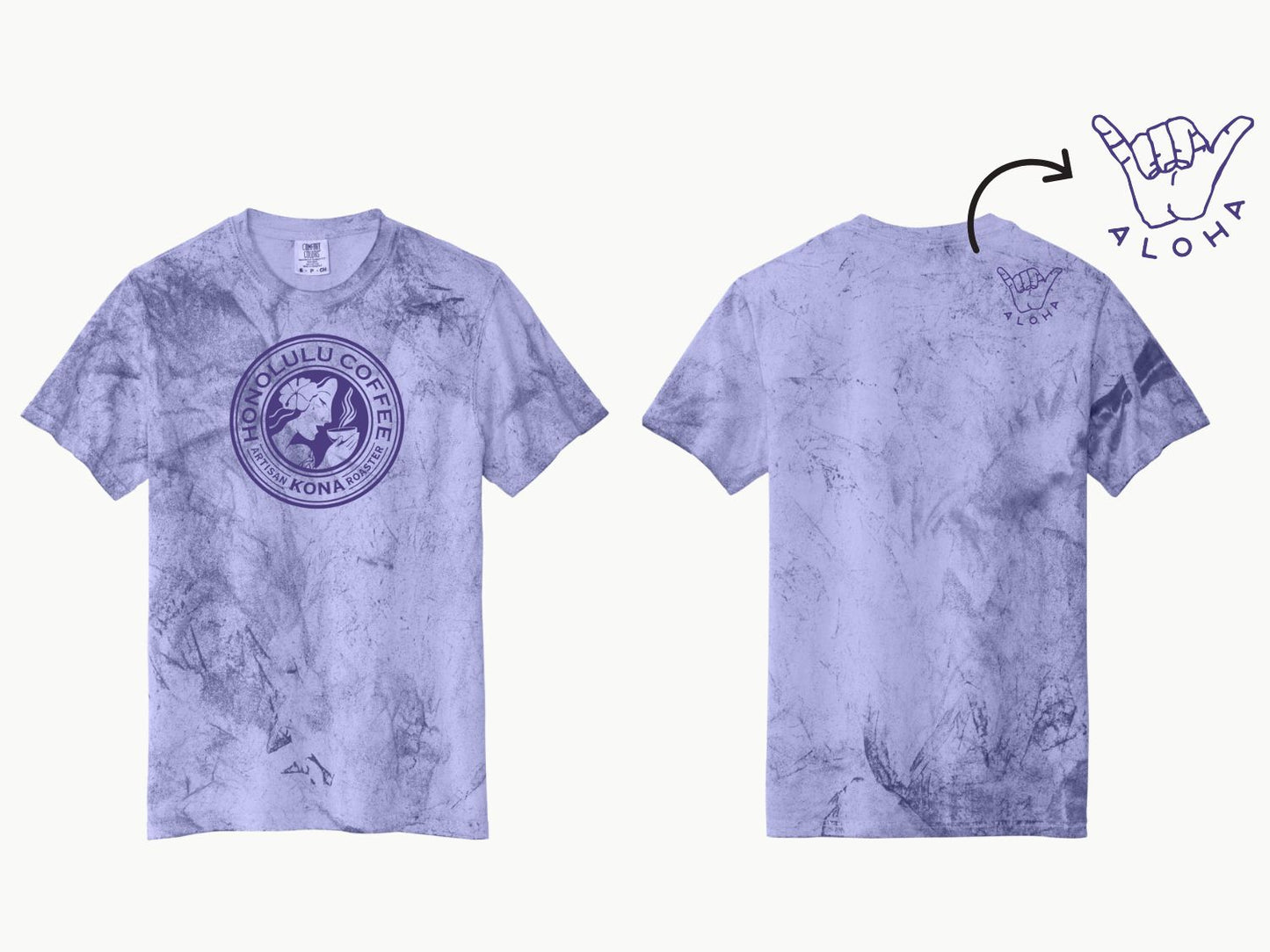 
                  
                    Honolulu Coffee color blast T with logo and shaka designs
                  
                