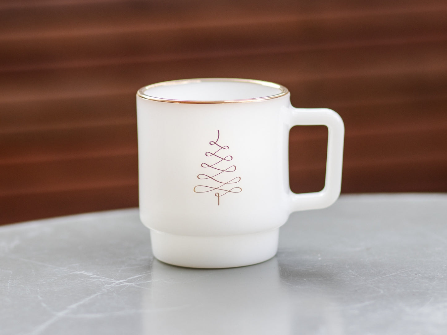 Milk glass mug with minimalist Christmas tree design