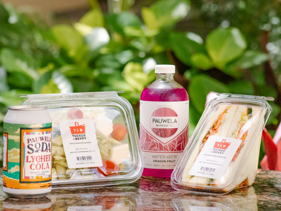 sandwiches and drinks displayed on a greenery background