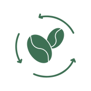 Green icon of two coffee beans with circular arrows around them on a white background