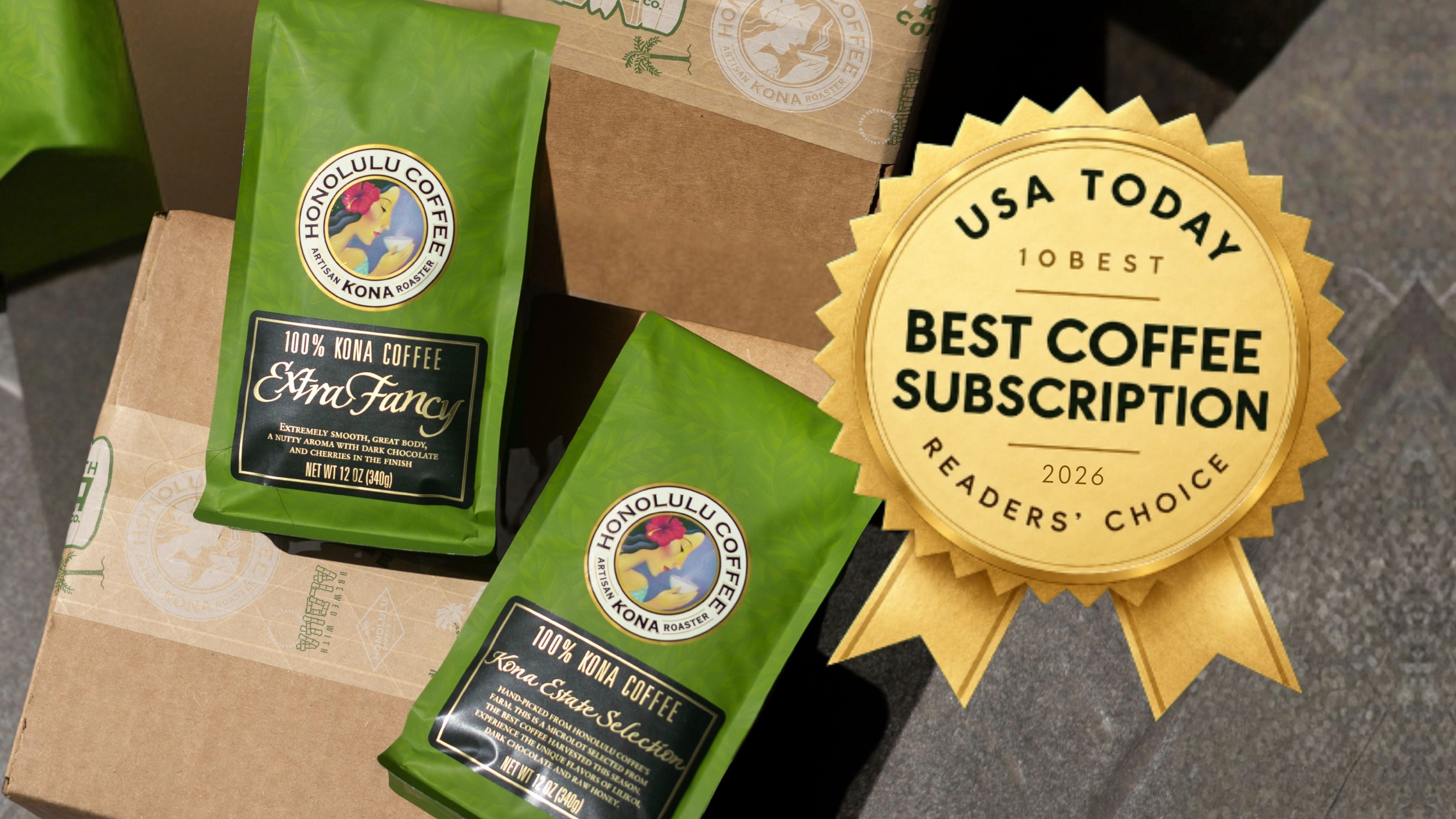 Emblem of USA Today Best Coffee Subscription over 2 12oz Honolulu Coffee Bags