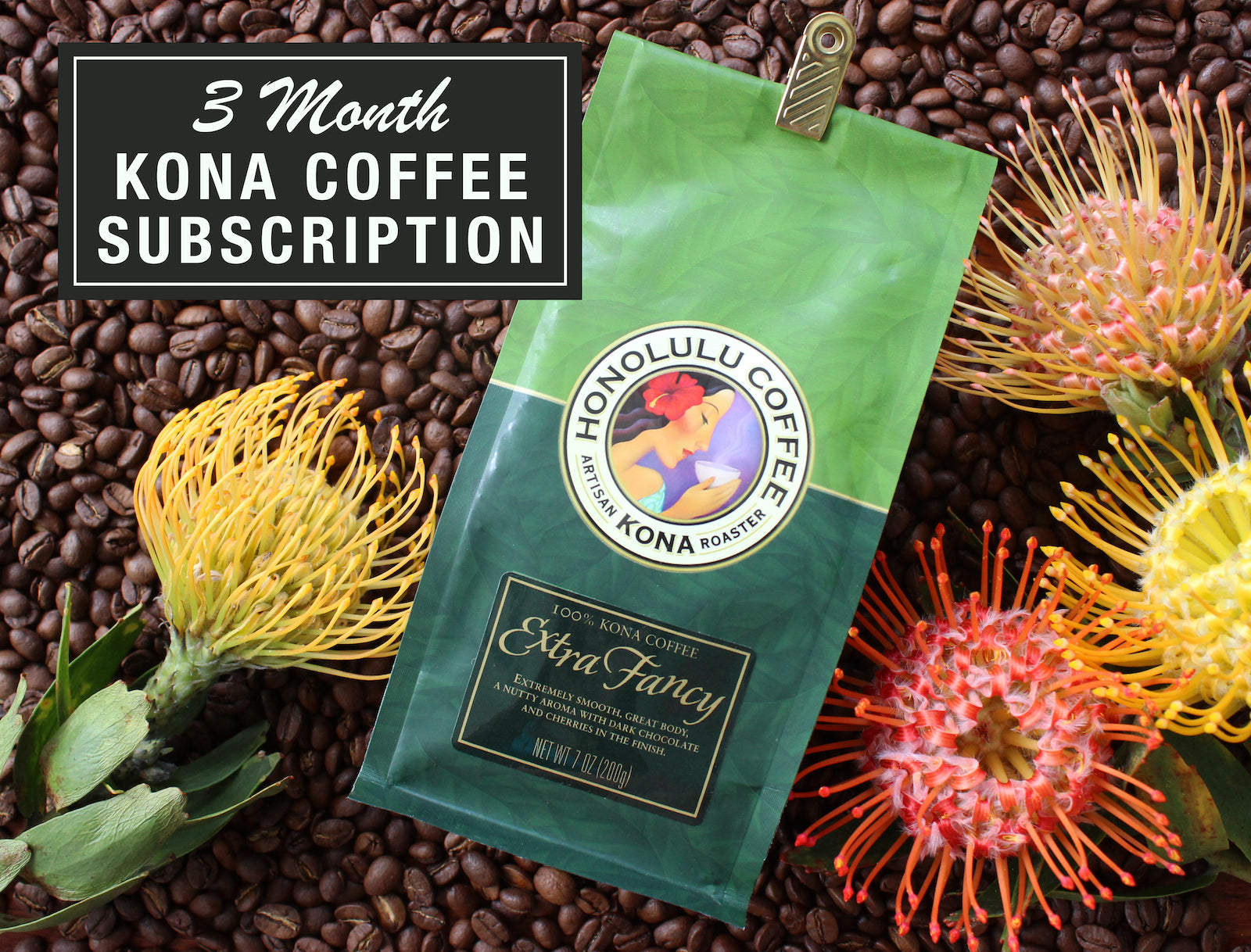 Honolulu Coffee Kona coffee subscription package on coffee beans with flowers